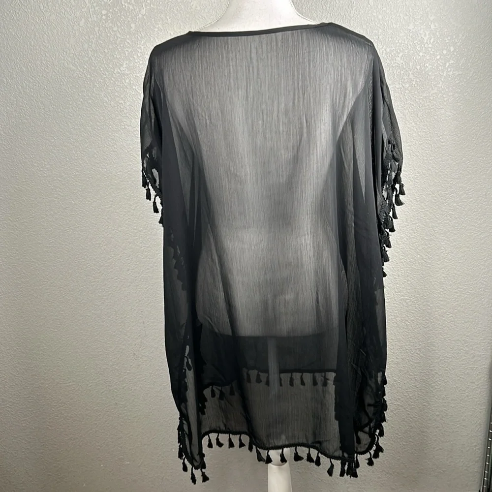 Boho Black Sheer Summer Cover-Up with Ball‎ Tassel Detail One Size New!